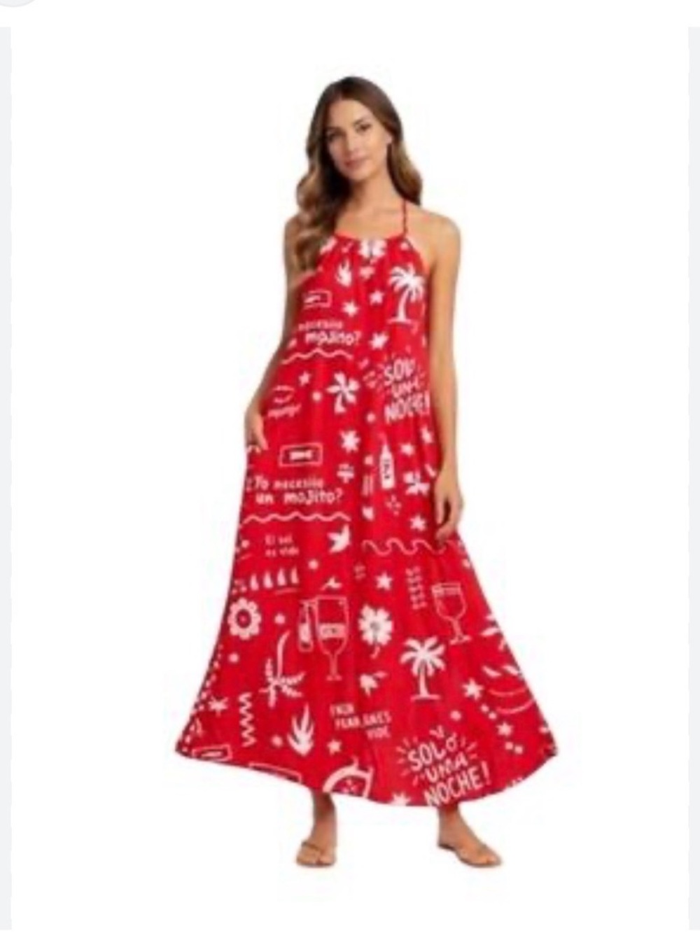 Paper Heart Red White Tropical Wine Print Linen Blend Midi Dress NWT Size M